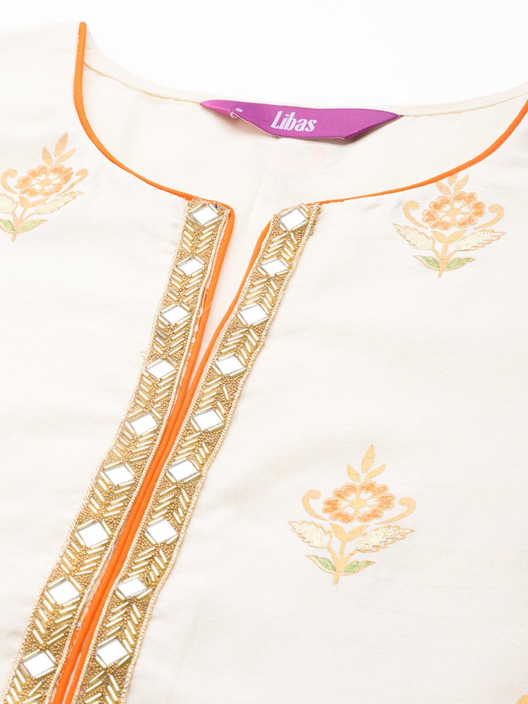 Cream Printed Silk Suit Set - Libas