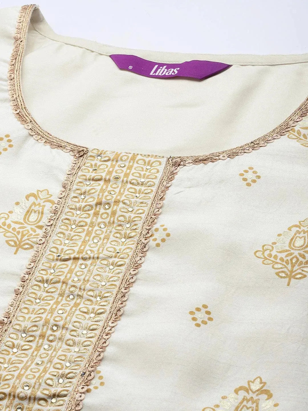Cream Printed Silk Suit Set - Libas 