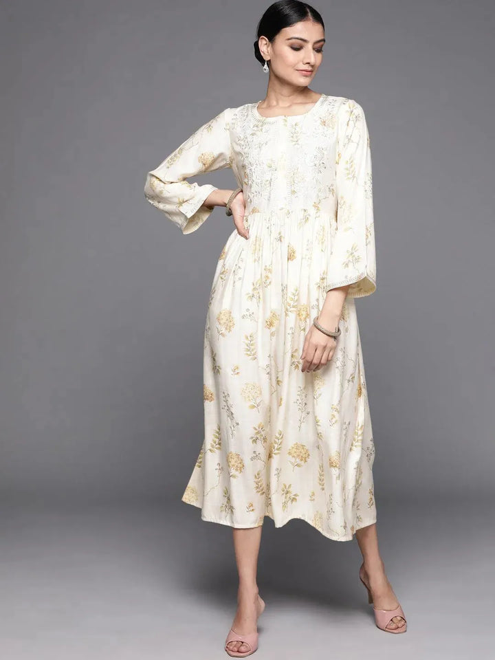 Cream Printed Viscose Rayon Dress - Libas