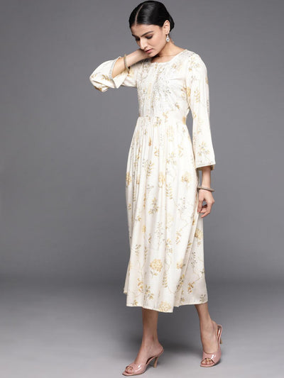 Cream Printed Viscose Rayon Dress - Libas