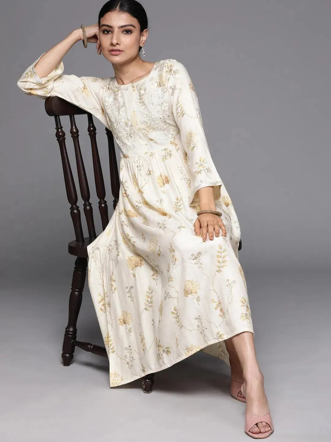 Cream Printed Viscose Rayon Dress - Libas