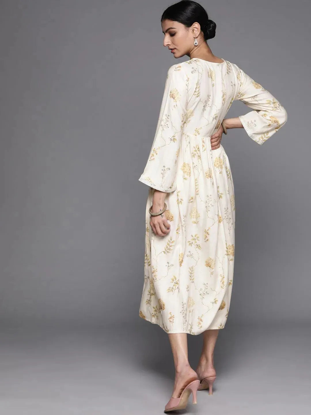 Cream Printed Viscose Rayon Dress - Libas