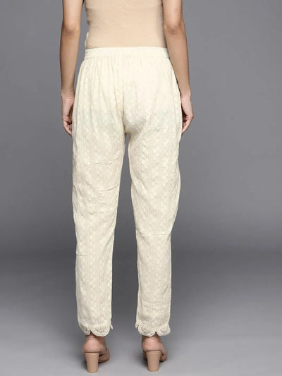 Cream Self Design Cotton Trousers - Libas