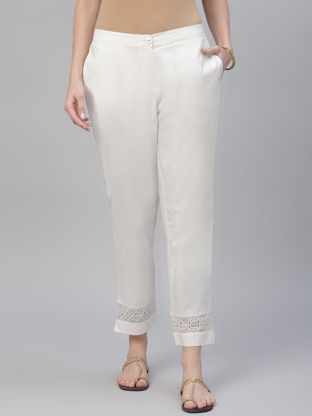 Cream Solid Cotton Trousers - Libas
