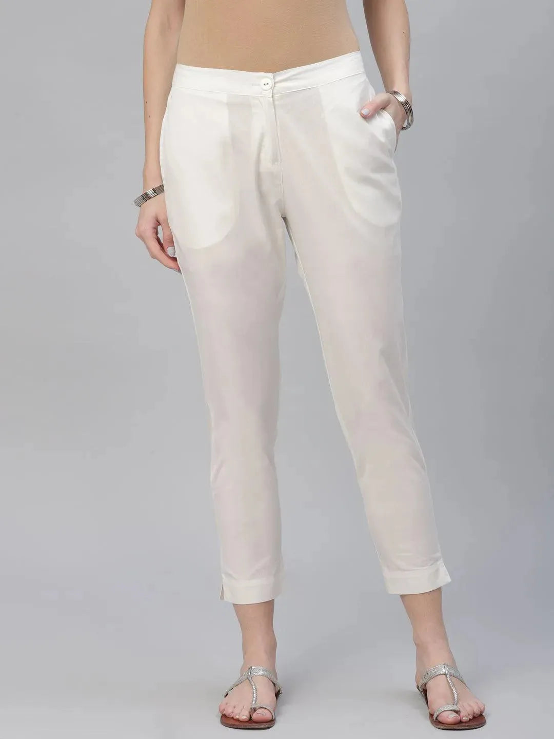 Cream Solid Cotton Trousers - Libas