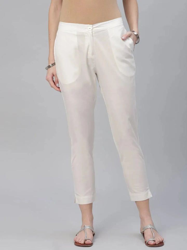 Cream Solid Cotton Trousers - Libas