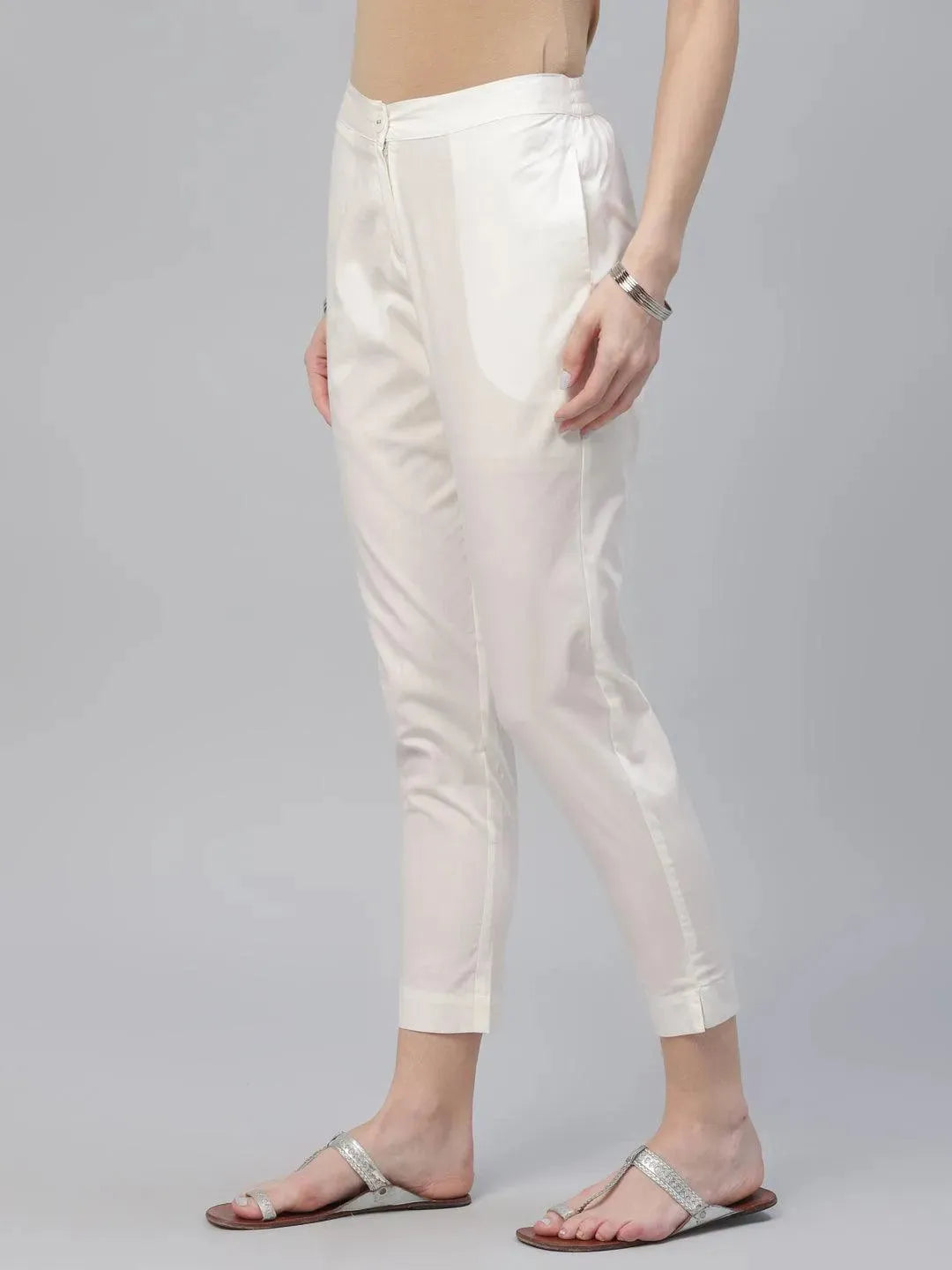 Cream Solid Cotton Trousers - Libas