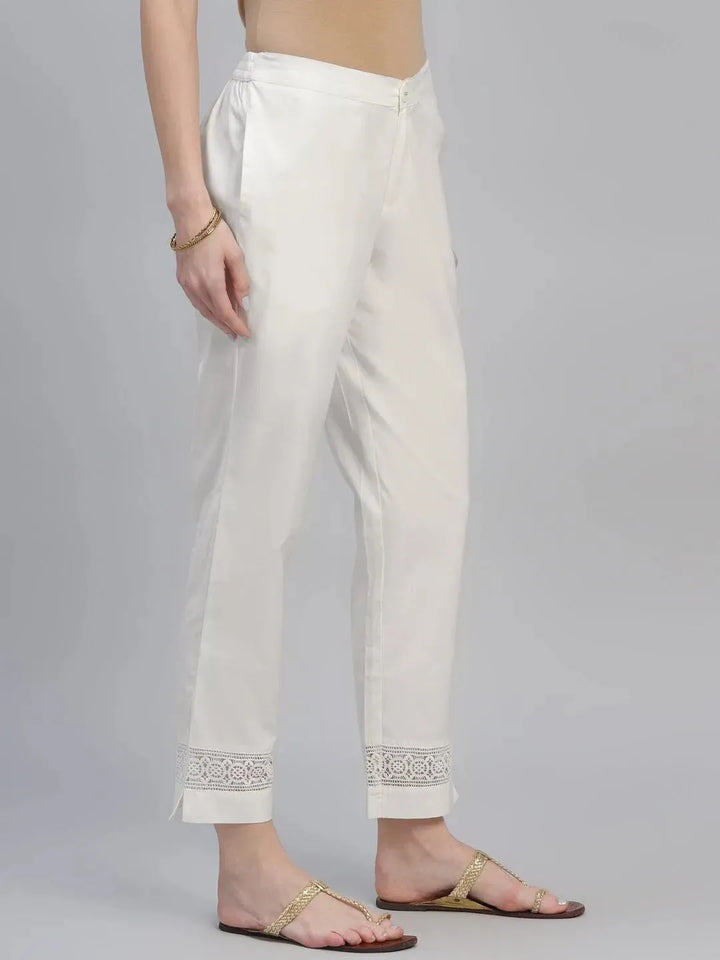 Cream Solid Cotton Trousers - Libas