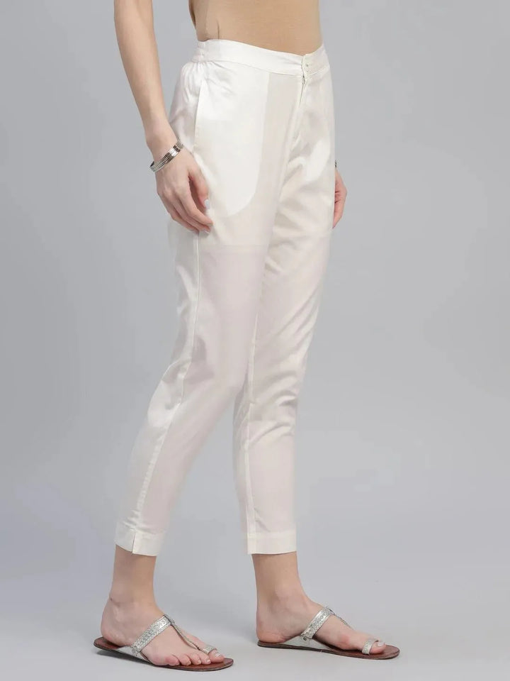 Cream Solid Cotton Trousers - Libas