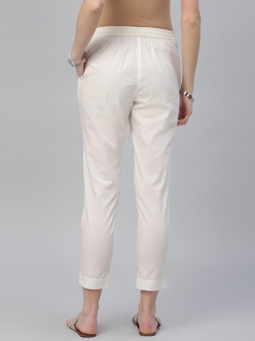 Cream Solid Cotton Trousers