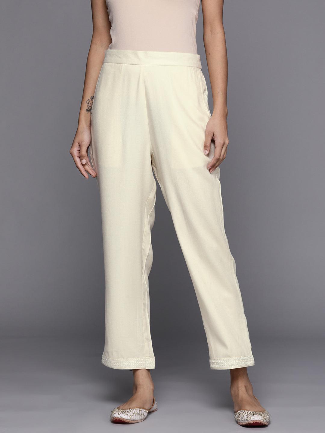 Cream Solid Pashmina Wool Trousers