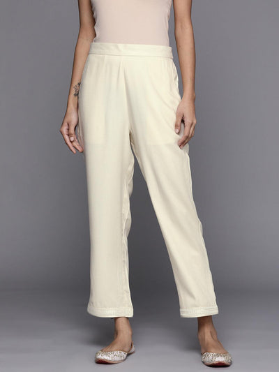 Cream Solid Pashmina Wool Trousers - Libas