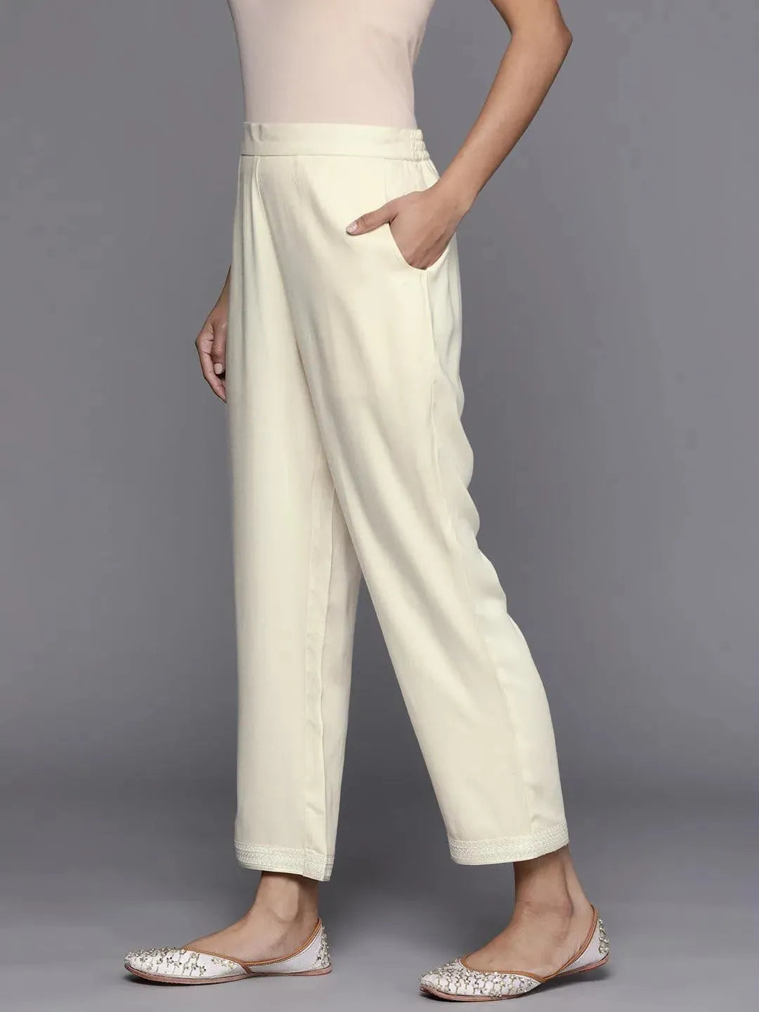 Cream Solid Pashmina Wool Trousers - Libas