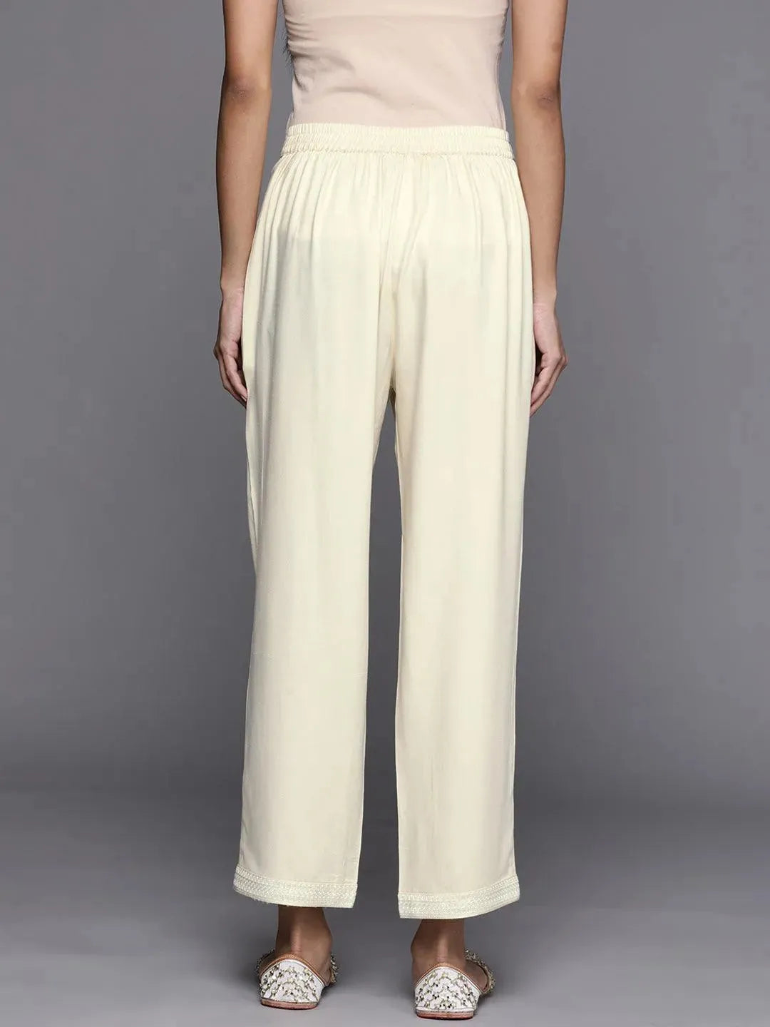 Cream Solid Pashmina Wool Trousers - Libas 
