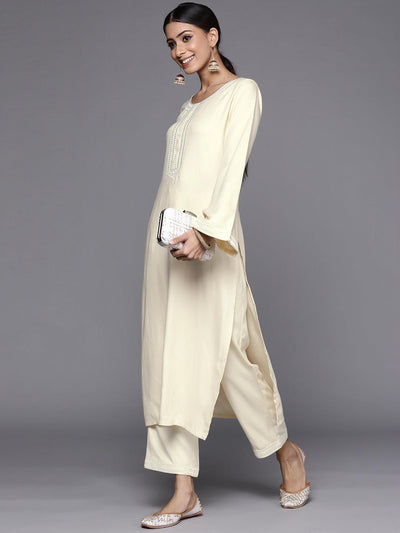Cream Solid Pashmina Wool Trousers - Libas