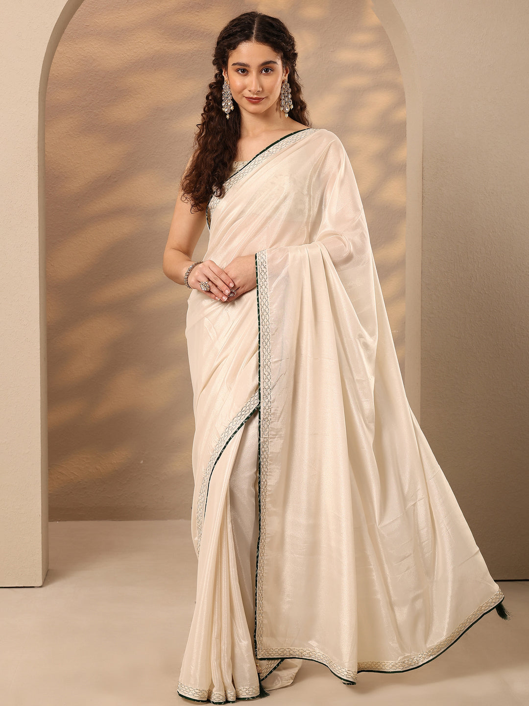  Cream Solid Silk Blend Saree With Unstitched Blouse Piece 