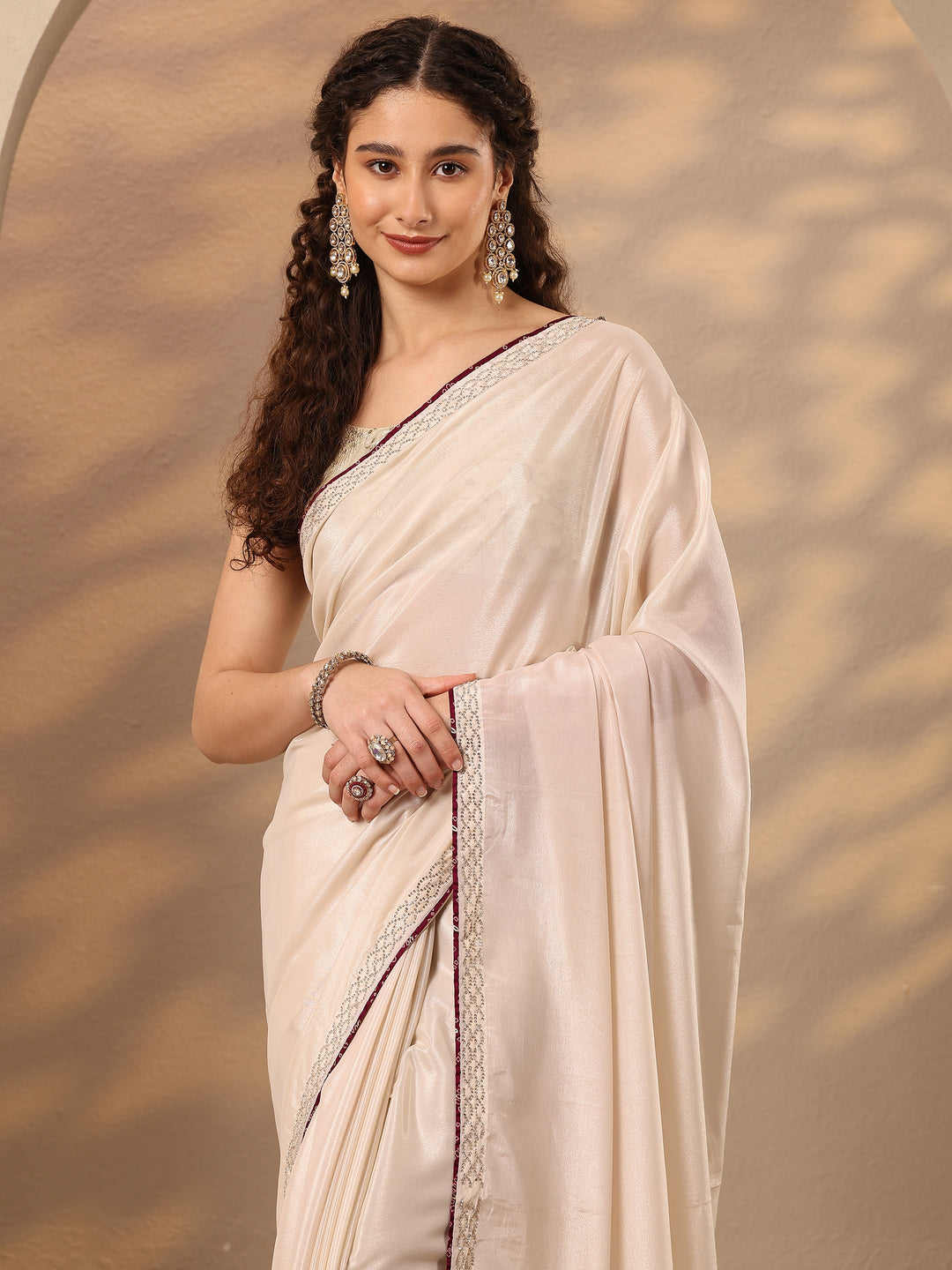  Cream Solid Silk Blend Saree With Unstitched Blouse Piece 