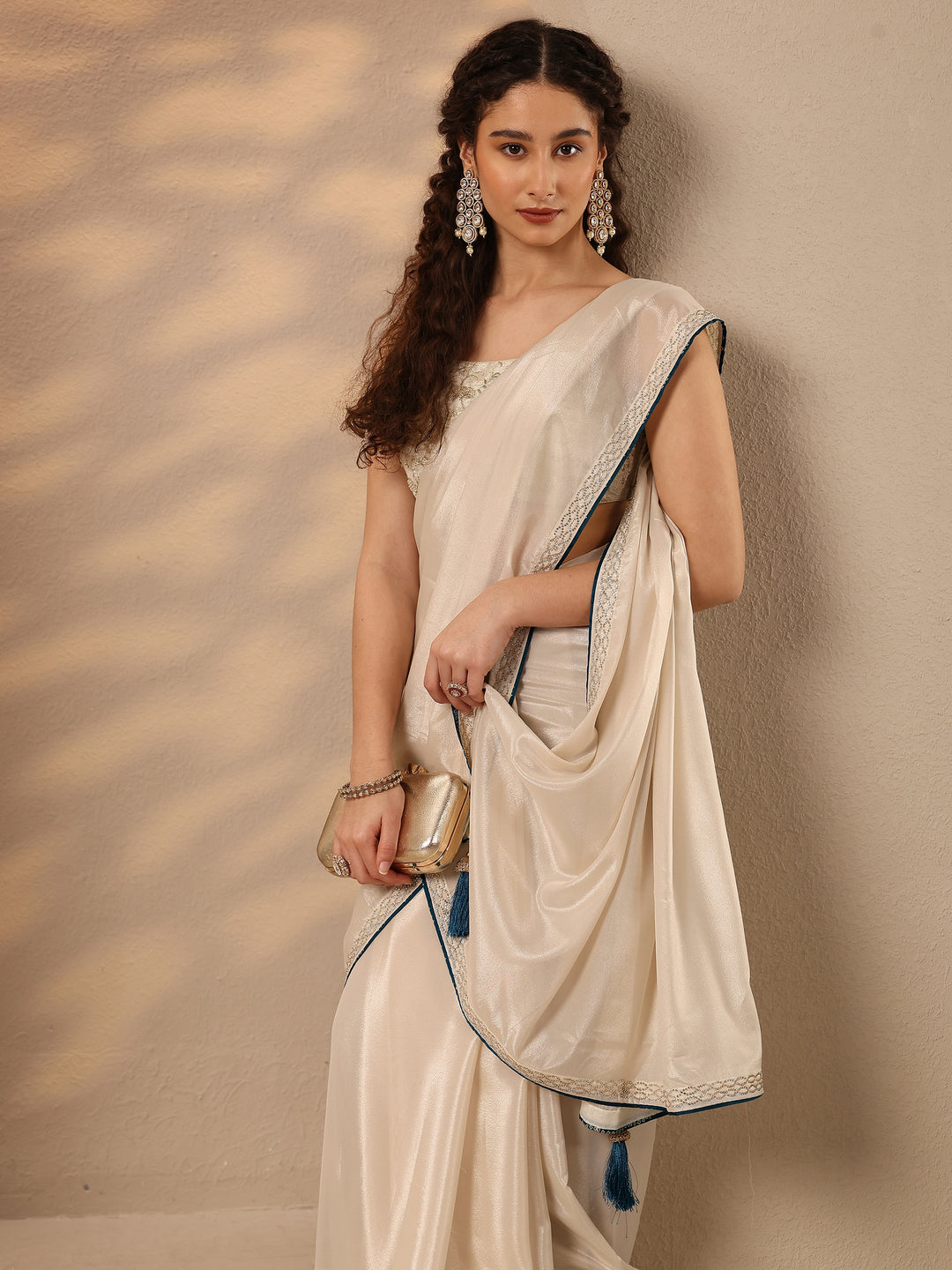  Cream Solid Silk Blend Saree With Unstitched Blouse Piece 