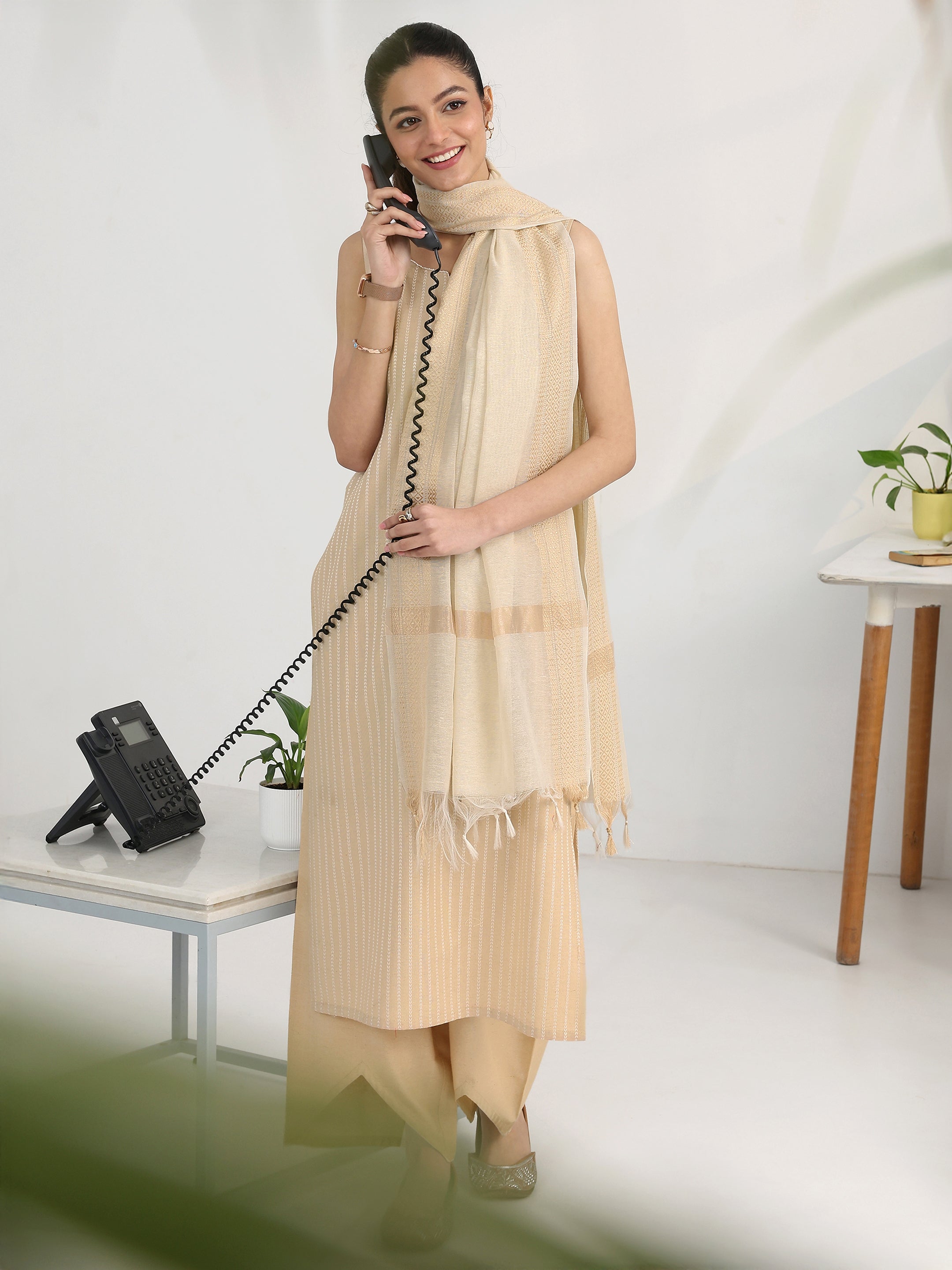 Cream Striped Woven Design Cotton Blend Straight Suit Set With Dupatta-image-15
