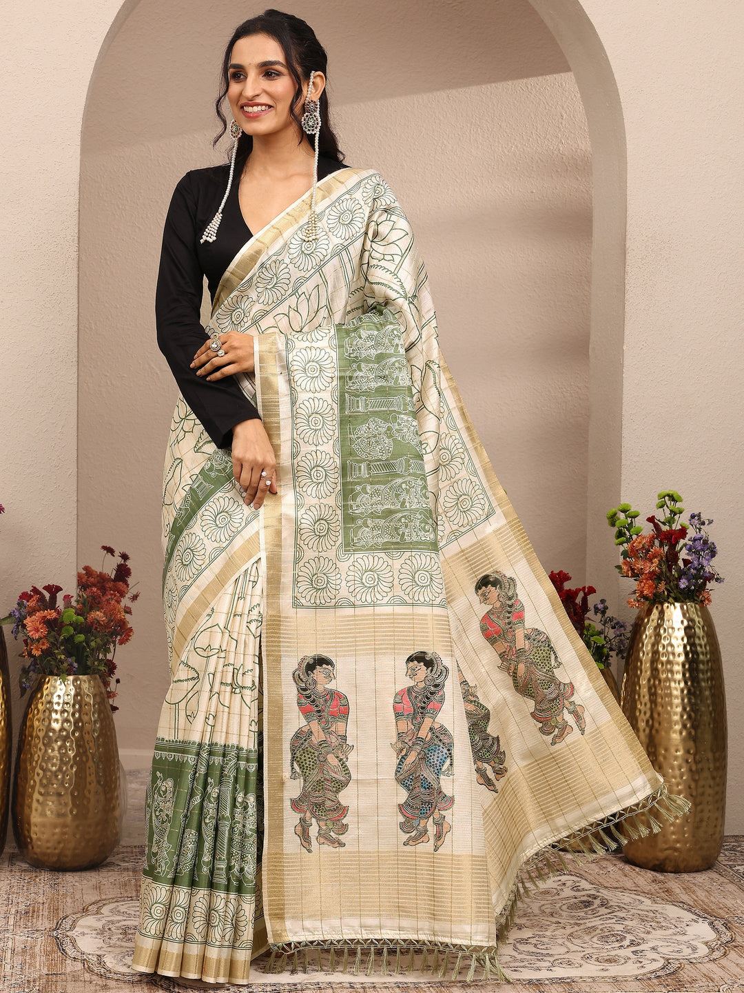  Cream Tribal Printed Silk Blend Saree With Unstitched Blouse Piece 