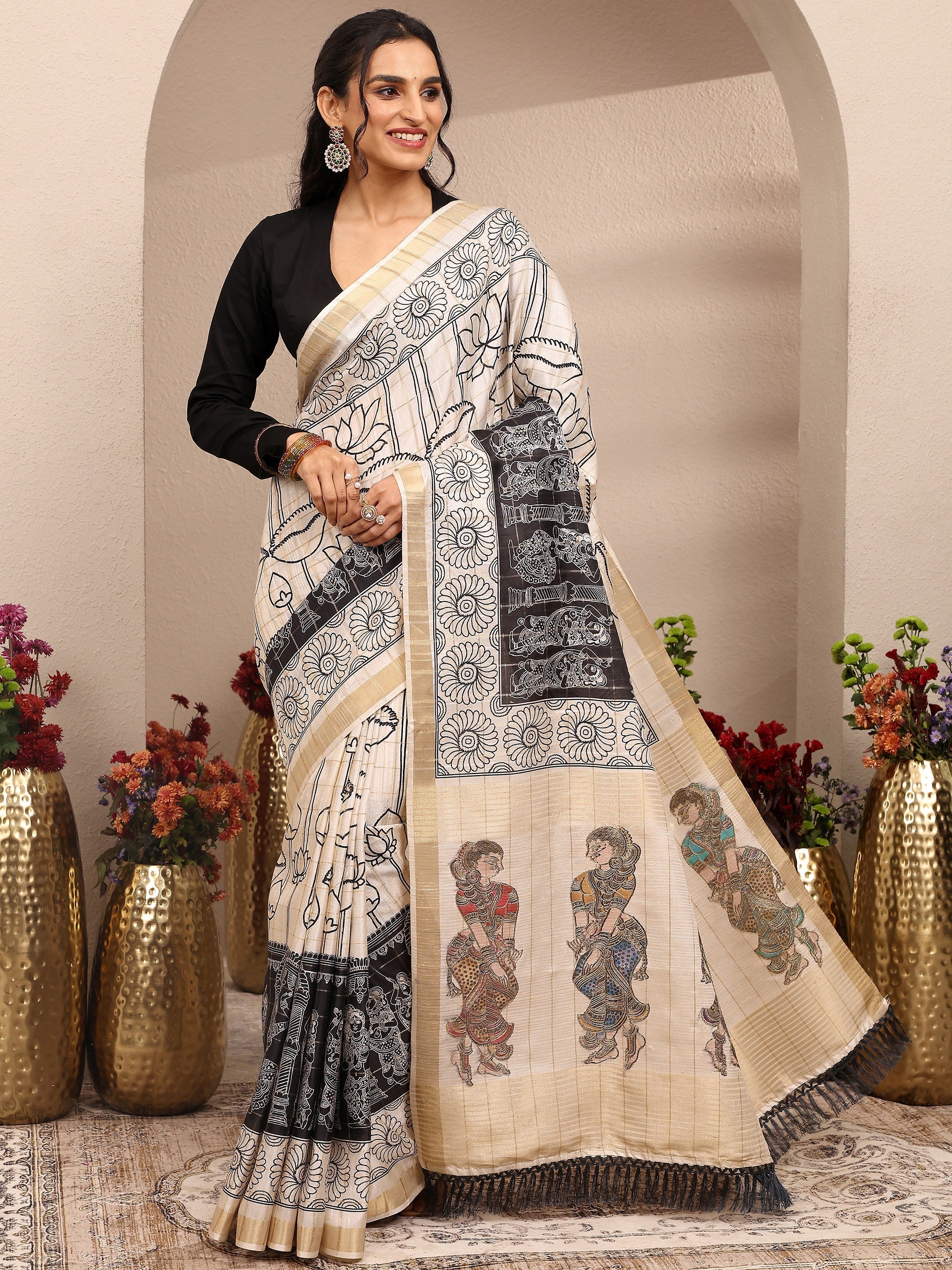 libas Cream Tribal Printed Silk Blend Saree With Unstitched Blouse Piece-picture-41
