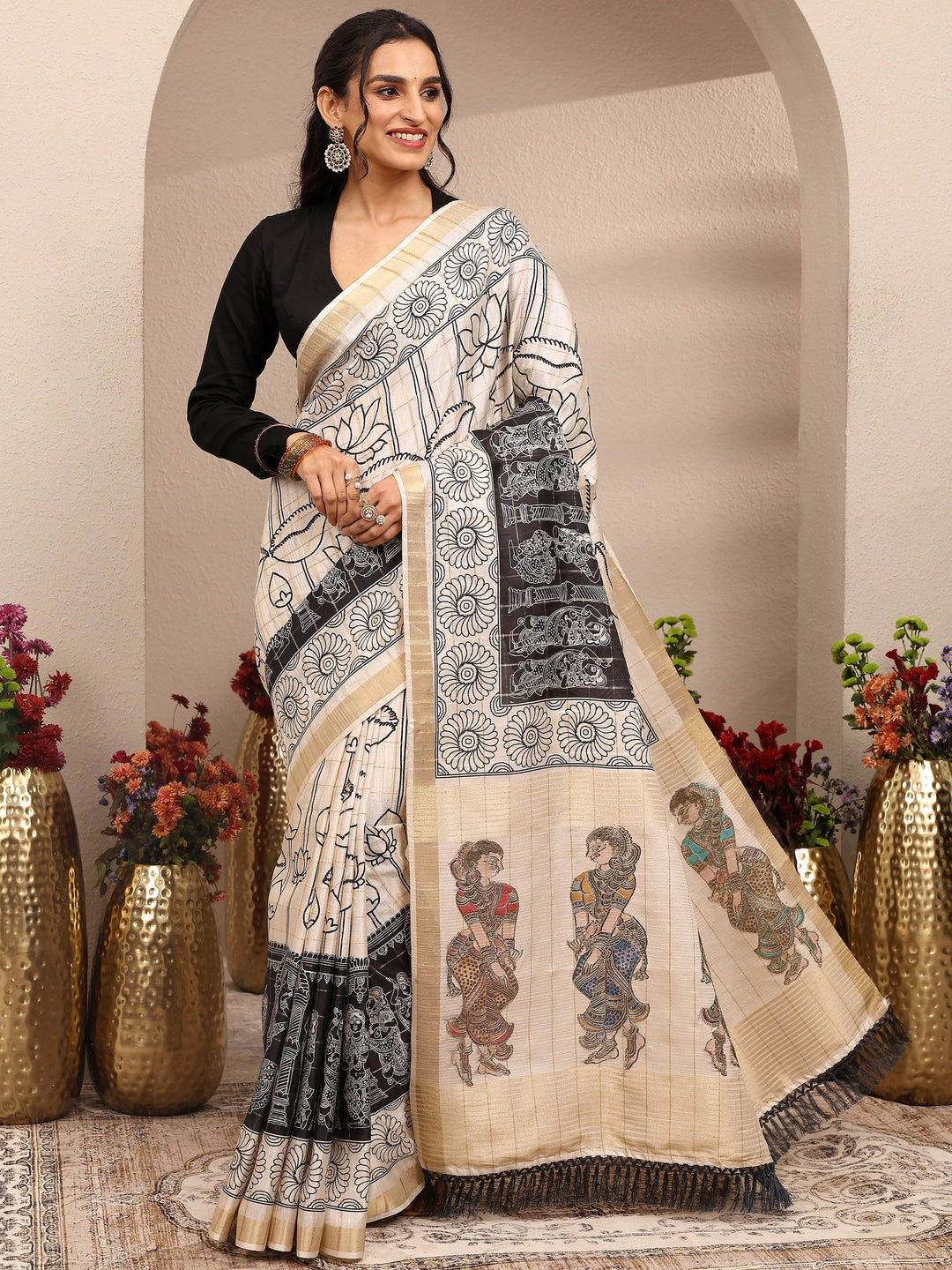  Cream Tribal Printed Silk Blend Saree With Unstitched Blouse Piece 