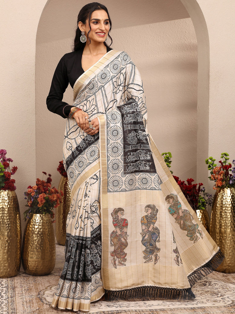 Libas Cream Tribal Printed Silk Blend Saree With Unstitched Blouse Piece