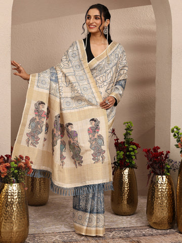 Cream Tribal Printed Silk Blend Saree With Unstitched Blouse Piece