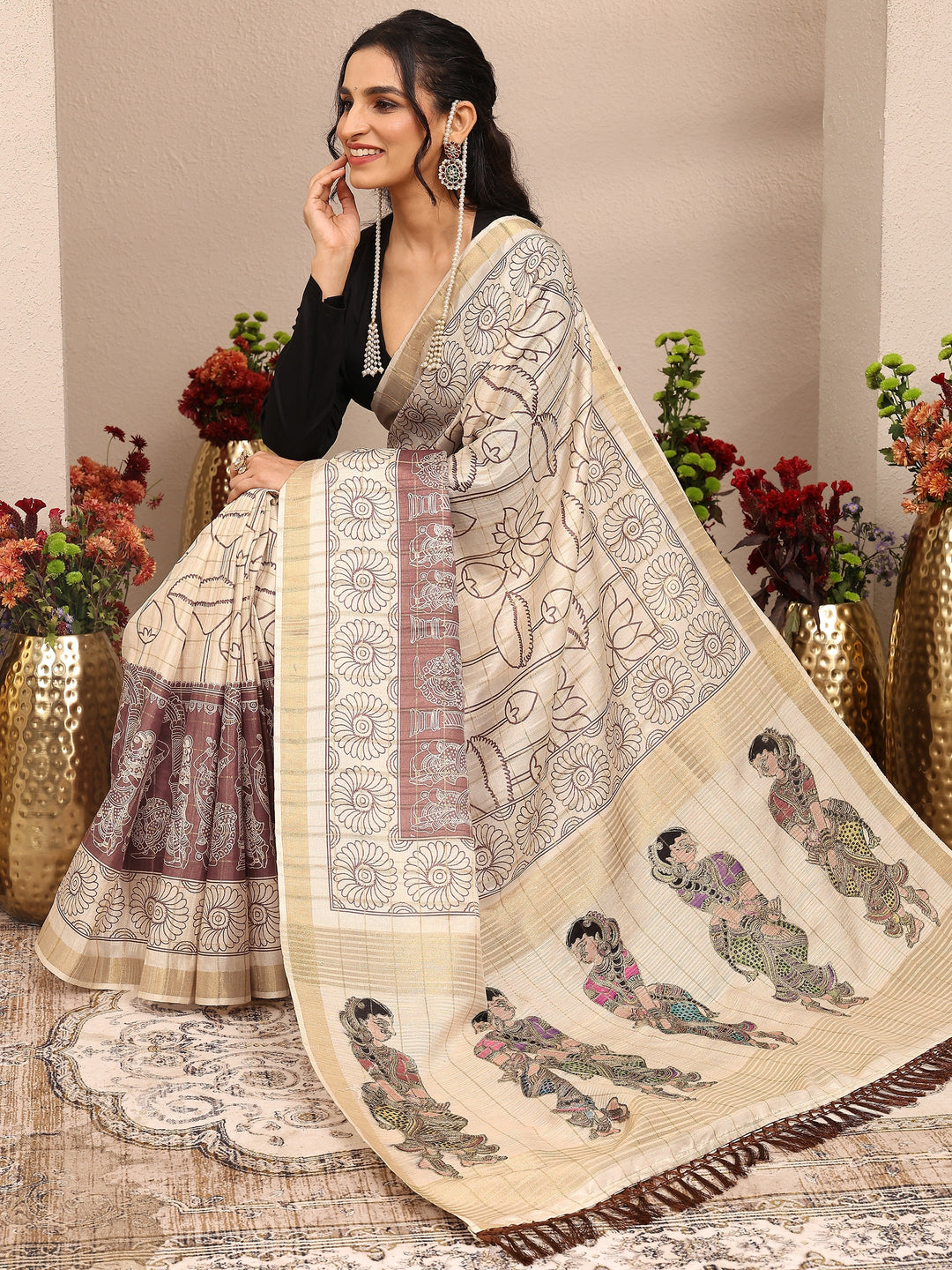  Cream Tribal Printed Silk Blend Saree With Unstitched Blouse Piece 