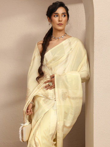 Cream Woven Design Banarsi Silk Blend Saree With Unstitched Blouse Piece