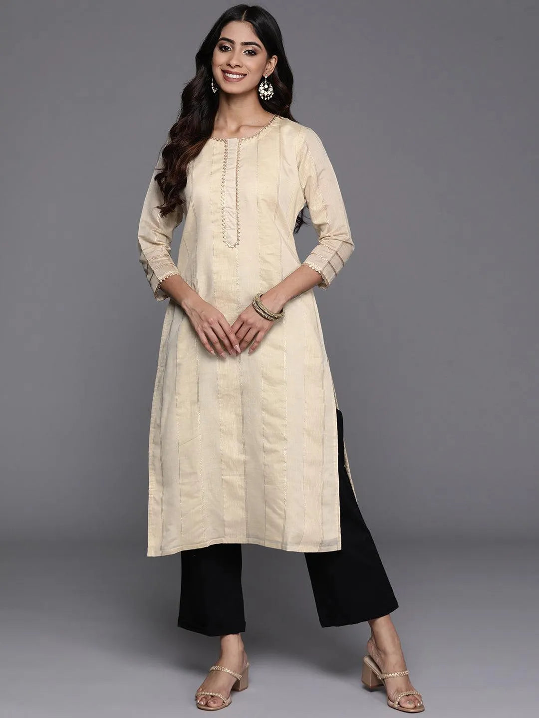 Cream Woven Design Chanderi Silk Straight Kurta - Libas 