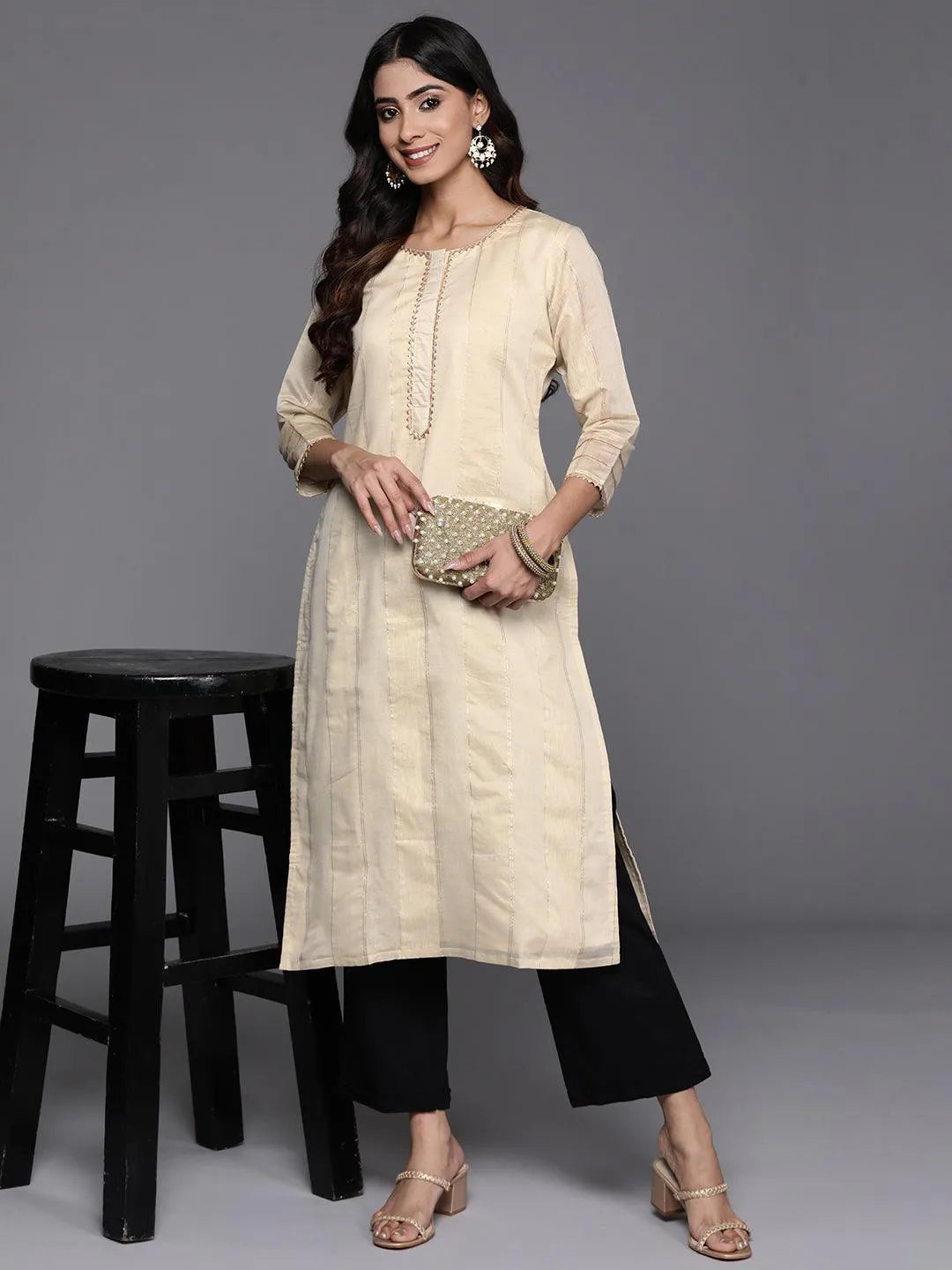 Cream Woven Design Chanderi Silk Straight Kurta - Libas 