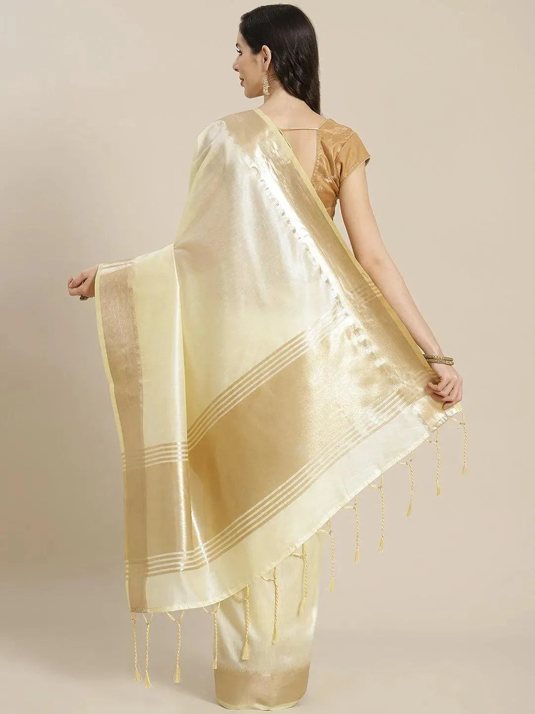 Cream Woven Design Silk Blend Saree - Libas 