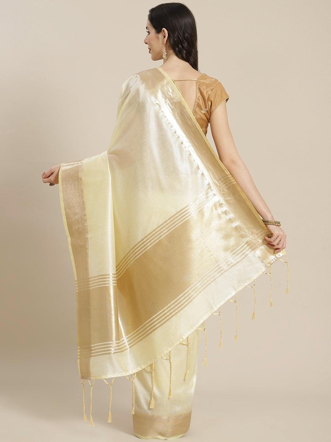 Cream Woven Design Silk Blend Saree - Libas