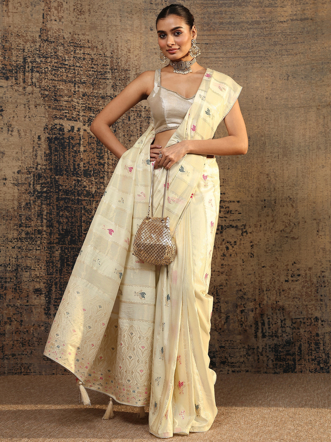  Cream Woven Design Silk Blend Saree With Unstitched Blouse Piece 
