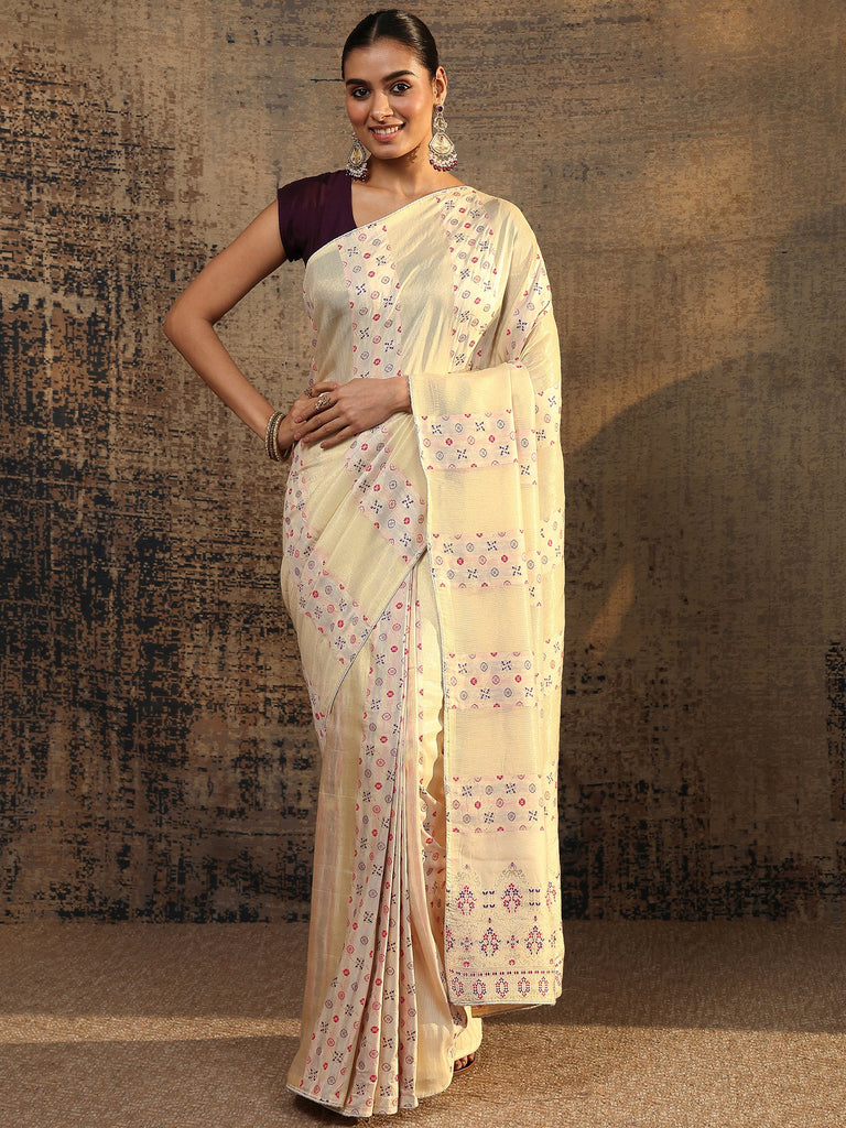 Libas Cream Woven Design Silk Blend Saree With Unstitched Blouse Piece