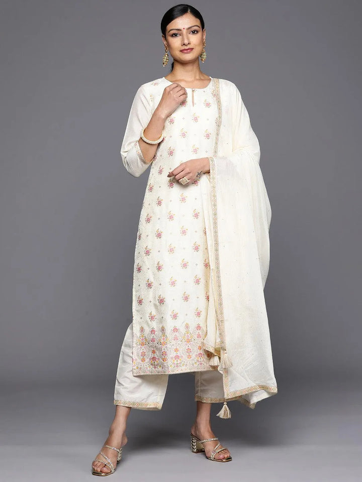 Cream Woven Design Silk Blend Straight Kurta With Trousers & Dupatta - Libas