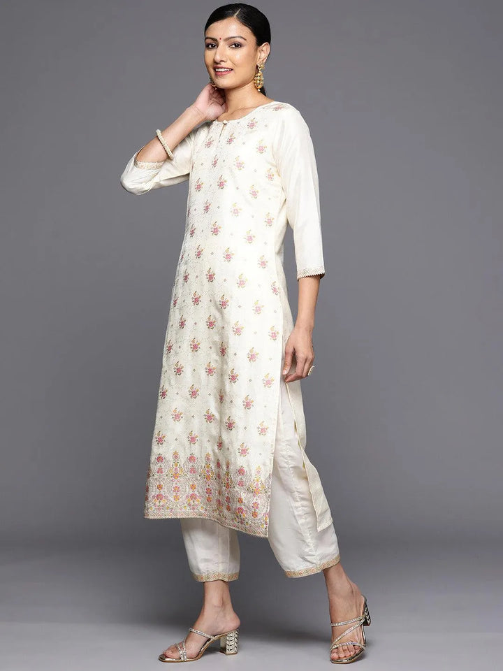 Cream Woven Design Silk Blend Straight Kurta With Trousers & Dupatta - Libas