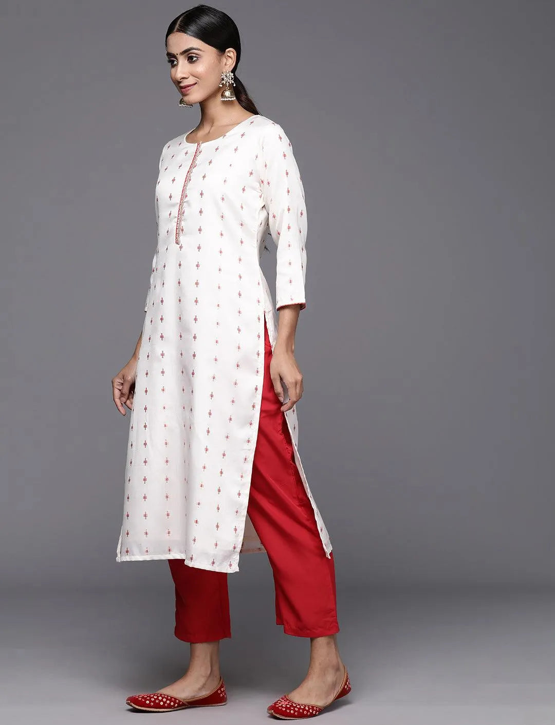 Cream Woven Design Silk Blend Straight Kurta With Trousers & Dupatta - Libas 