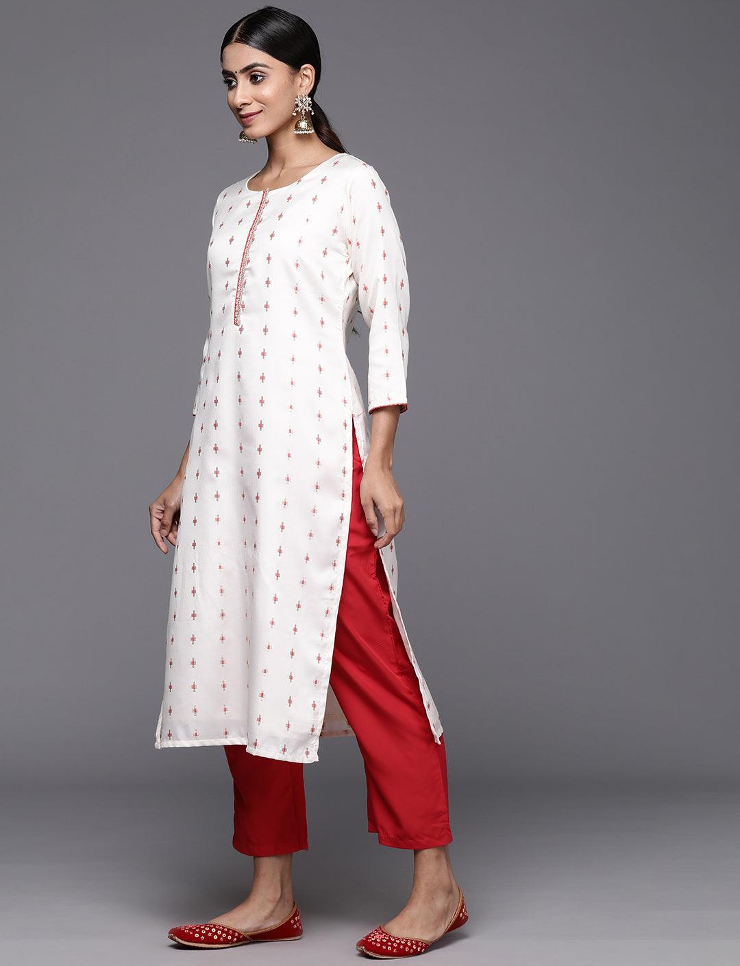 Cream Woven Design Silk Blend Straight Kurta With Trousers & Dupatta - Libas