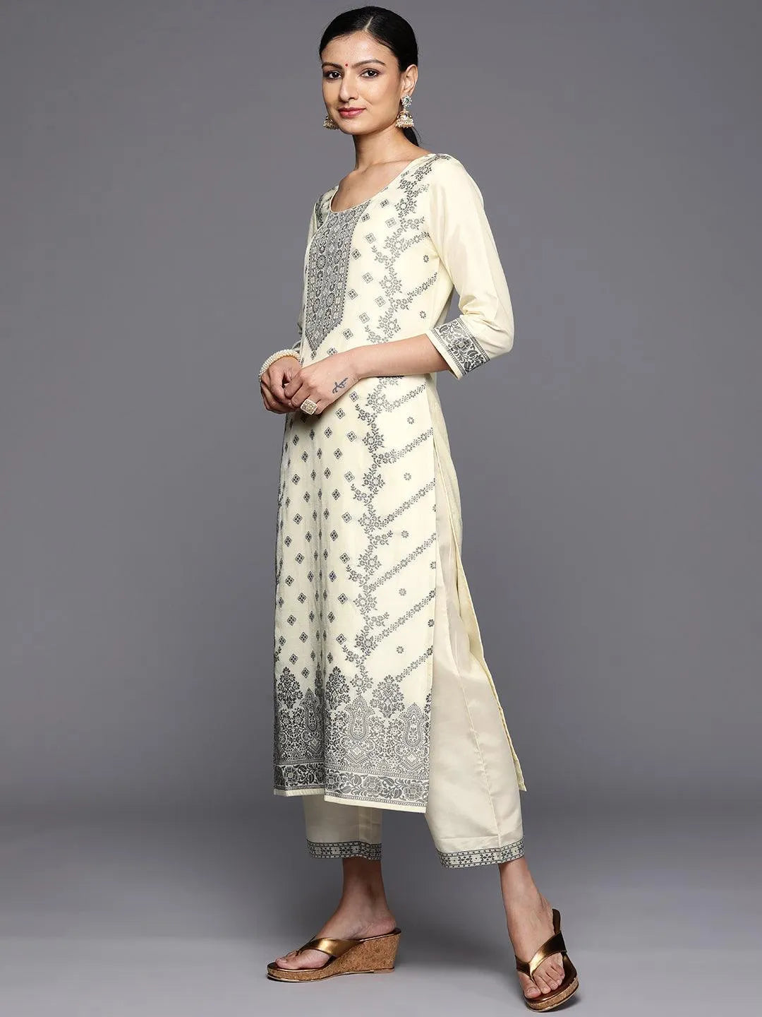 Cream Woven Design Silk Blend Straight Kurta With Trousers & Dupatta - Libas 