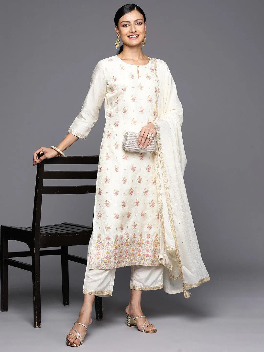 Cream Woven Design Silk Blend Straight Kurta With Trousers & Dupatta - Libas