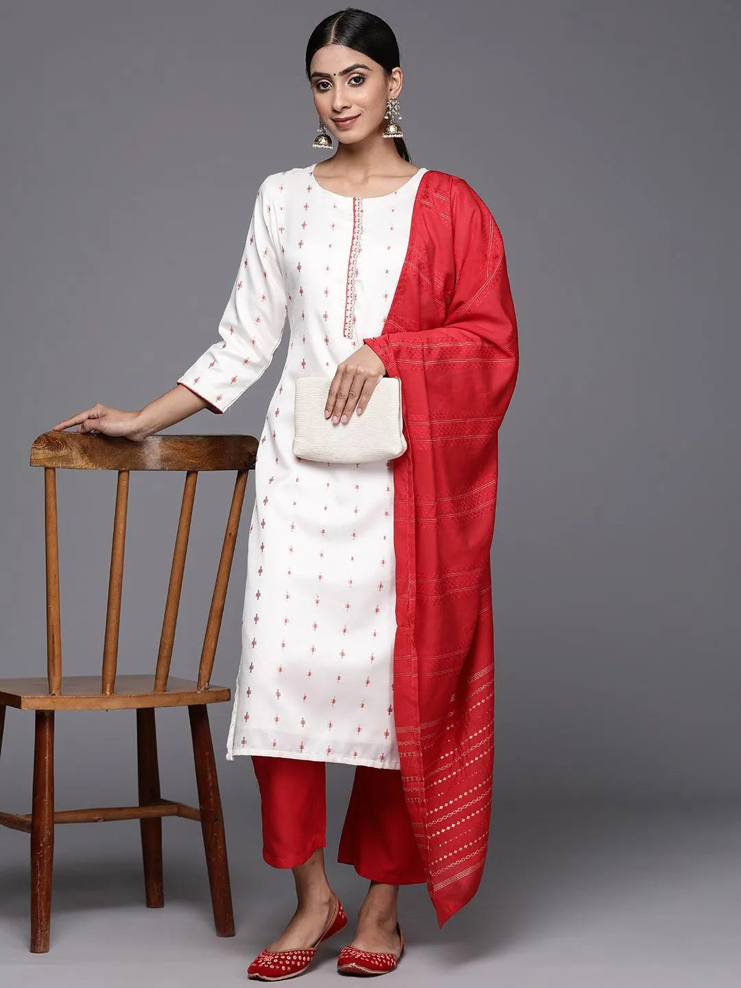 Cream Woven Design Silk Blend Straight Kurta With Trousers & Dupatta - Libas 
