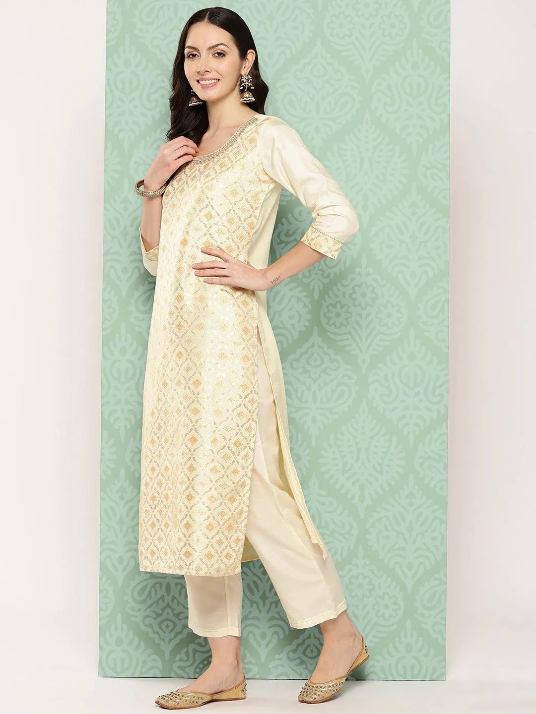 Cream Woven Design Silk Blend Straight Kurta With Trousers & Dupatta - Libas 
