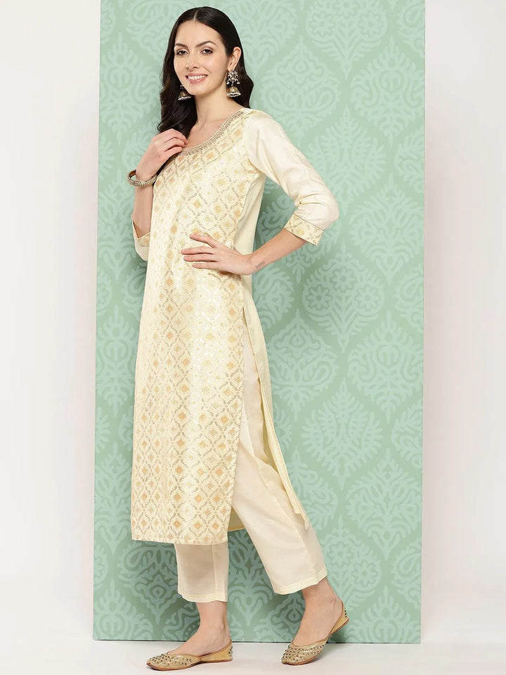 Cream Woven Design Silk Blend Straight Kurta With Trousers & Dupatta - Libas