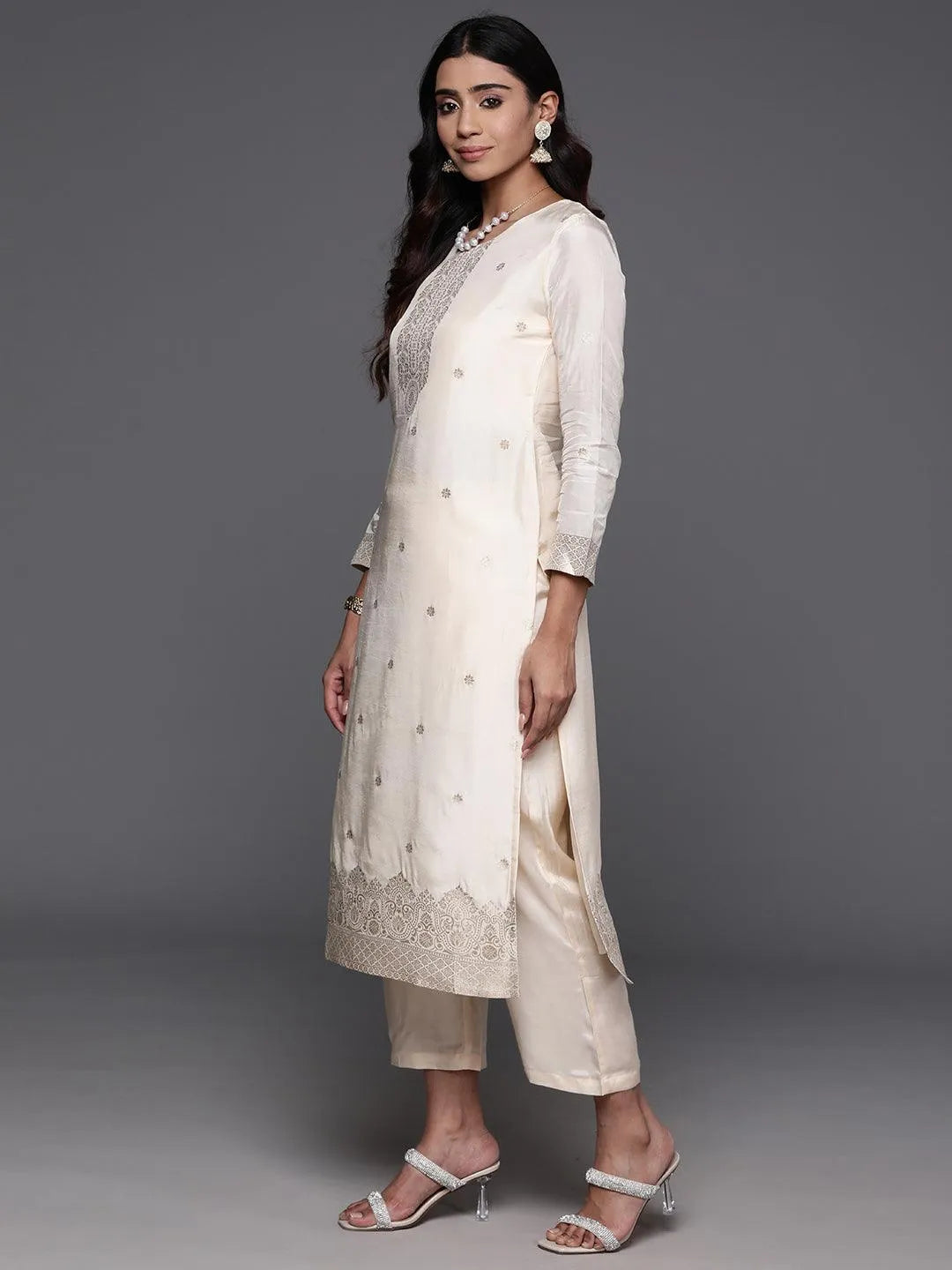 Cream Woven Design Silk Blend Straight Kurta With Trousers & Dupatta - Libas 