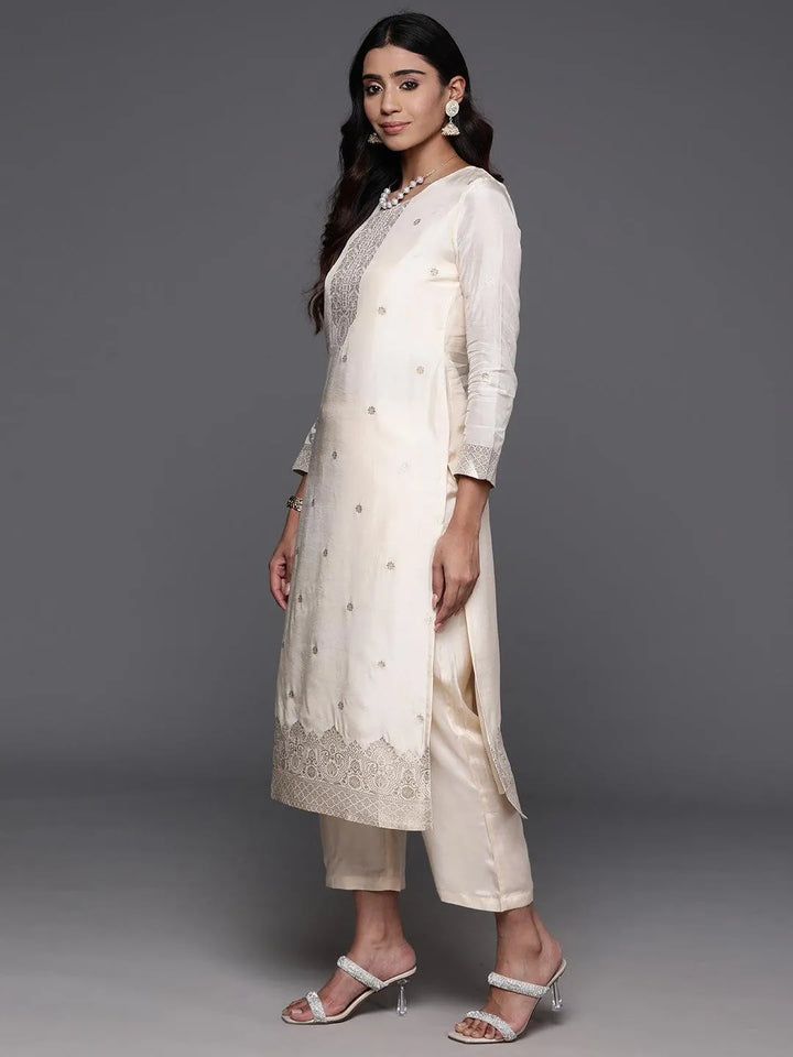 Cream Woven Design Silk Blend Straight Kurta With Trousers & Dupatta - Libas