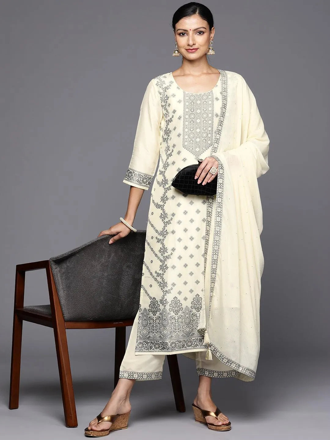 Cream Woven Design Silk Blend Straight Kurta With Trousers & Dupatta - Libas 