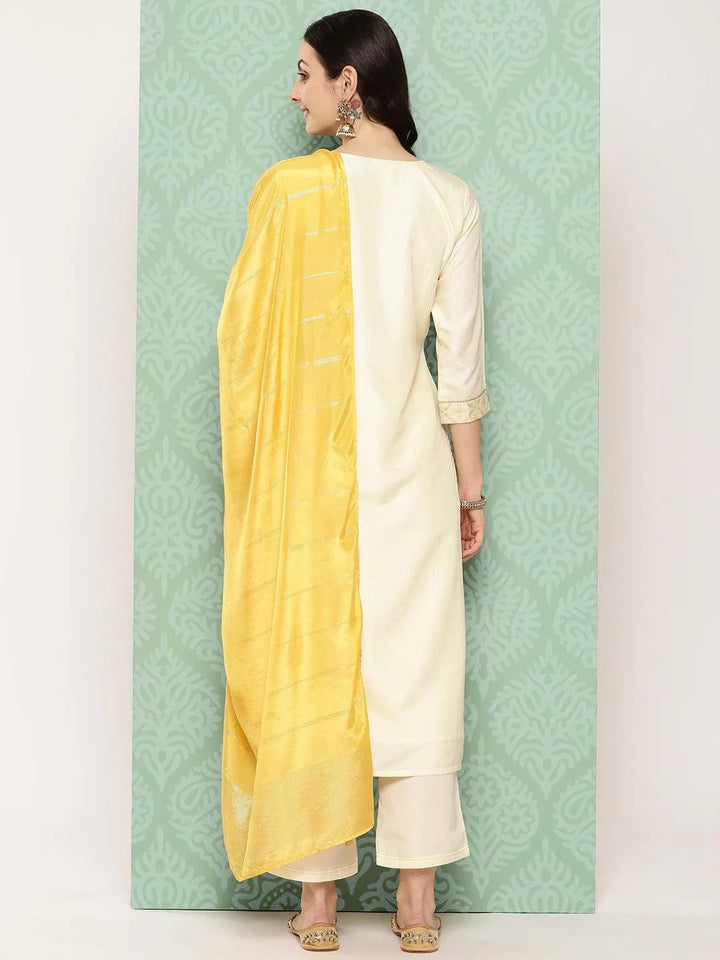 Cream Woven Design Silk Blend Straight Kurta With Trousers & Dupatta - Libas