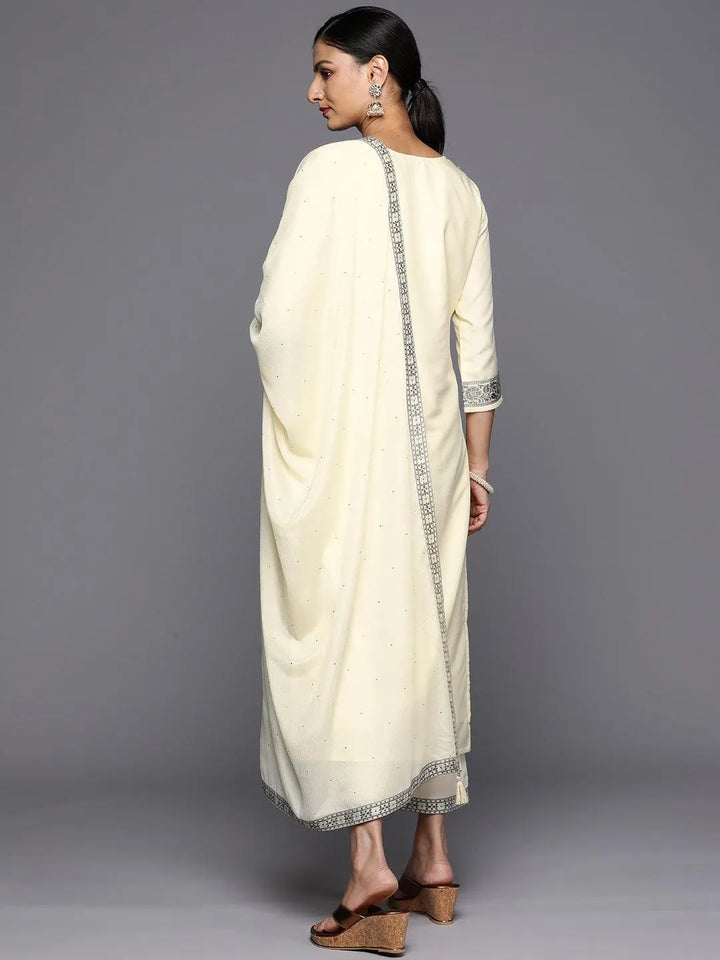 Cream Woven Design Silk Blend Straight Kurta With Trousers & Dupatta - Libas